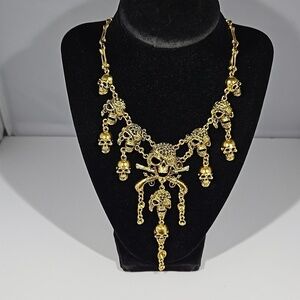 PIRATE SKULL Antiqued Goldtone Necklace